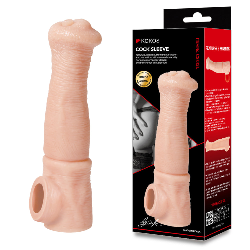 Kokos 21cm (8.27 inches) flared tip penis extension sleeve and packaging