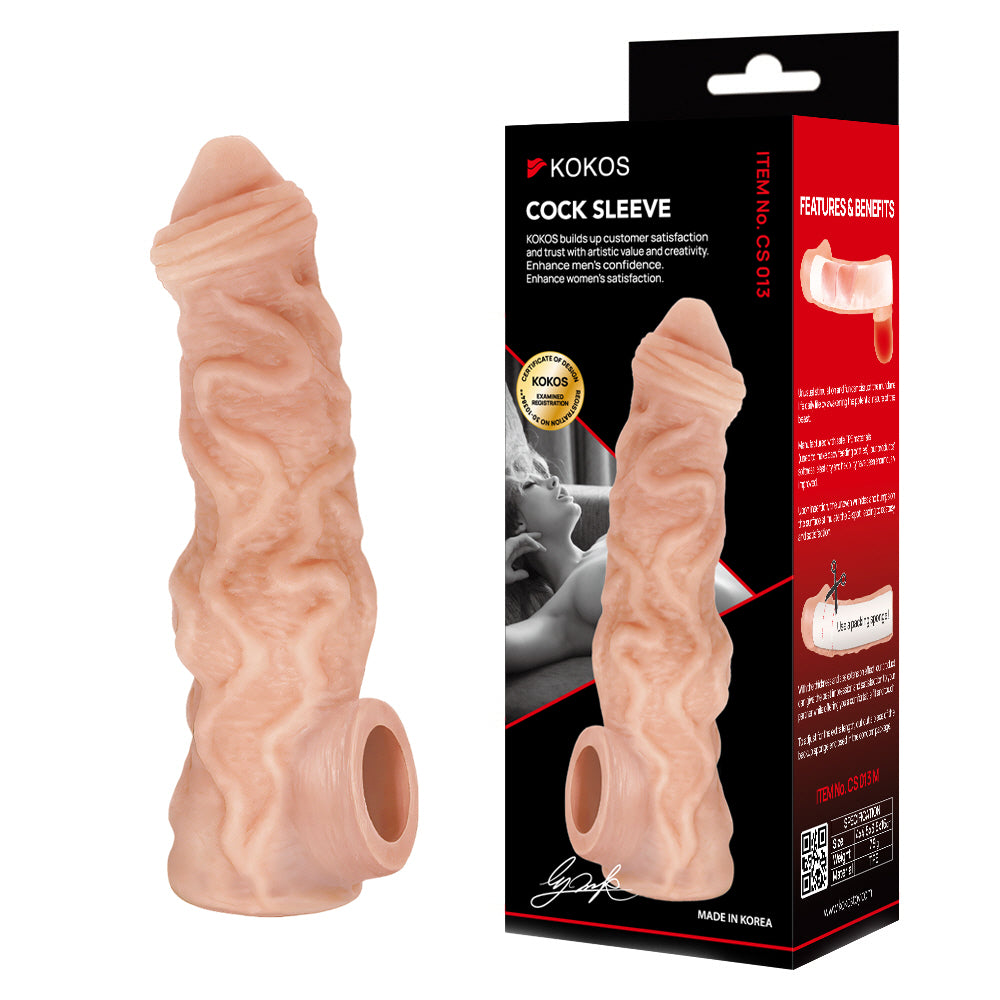 Kokos 17.5cm (6.89 inches) sculpted vein penis extension sleeve and packaging