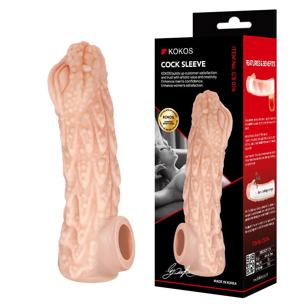 Kokos 17.5cm (6.89 inches) dragon-texture penis extension sleeve and packaging