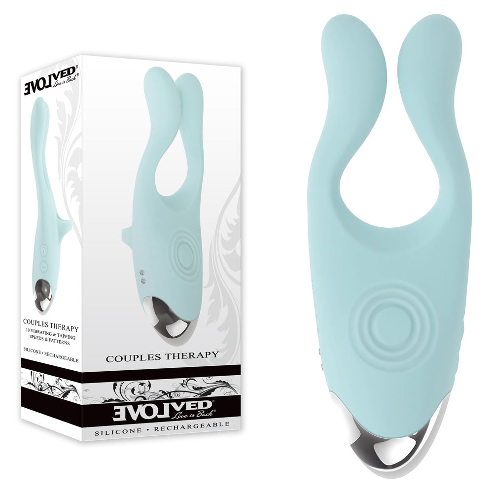 Evolved Couples Therapy teal three-motor couples vibrator with flexible arms and tapping base