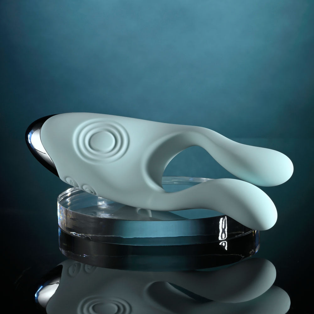 Evolved Couples Therapy teal three-motor couples vibrator with flexible arms and tapping base