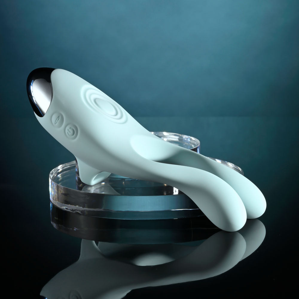 Evolved Couples Therapy teal three-motor couples vibrator with flexible arms and tapping base