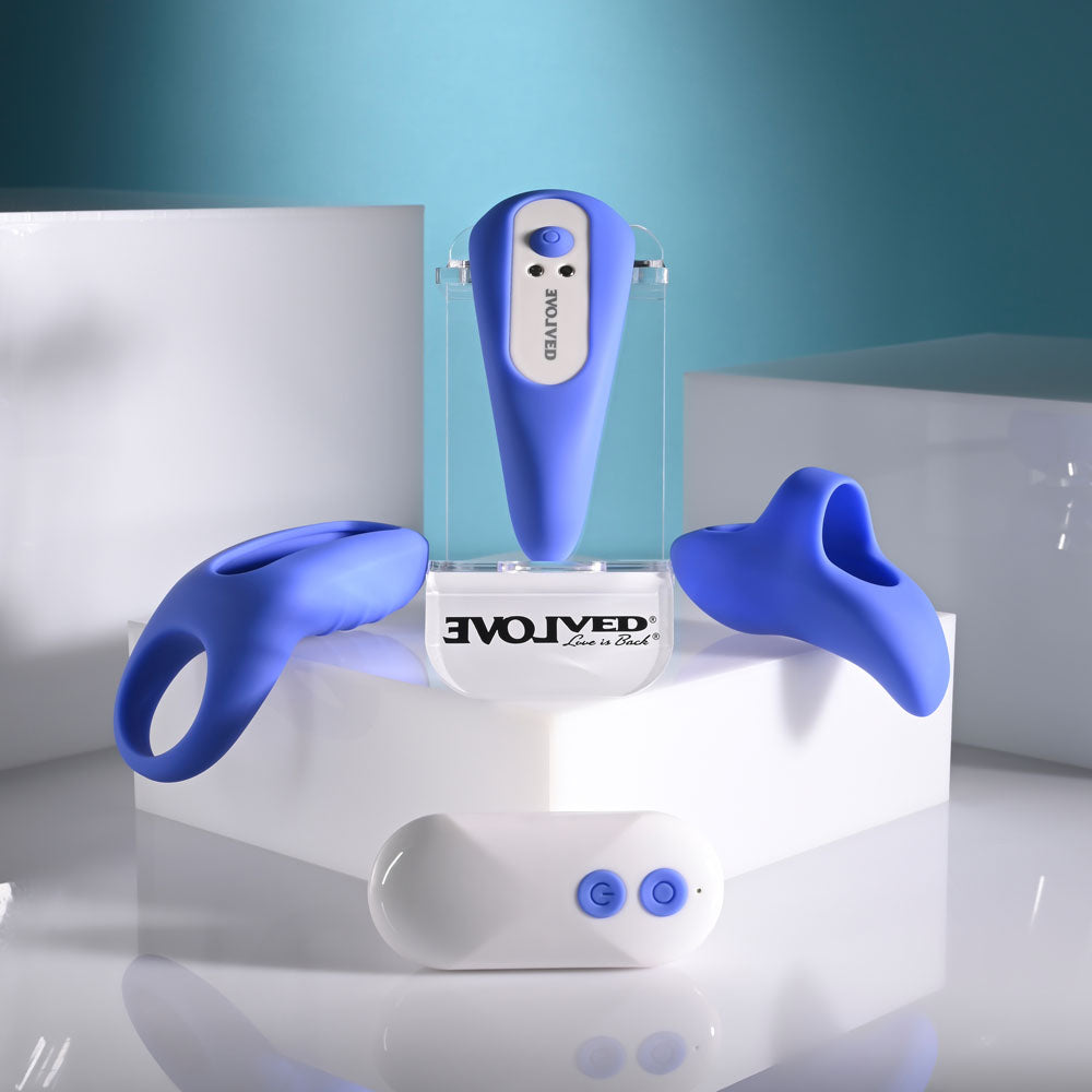 Evolved Take Your Pick blue rechargeable bullet set with three silicone sleeves and remote