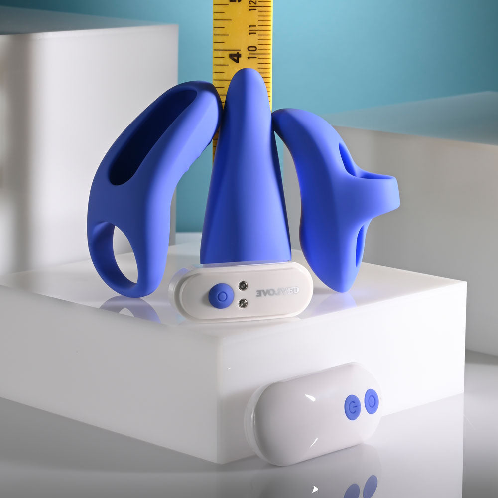 Evolved Take Your Pick blue rechargeable bullet set with three silicone sleeves and remote