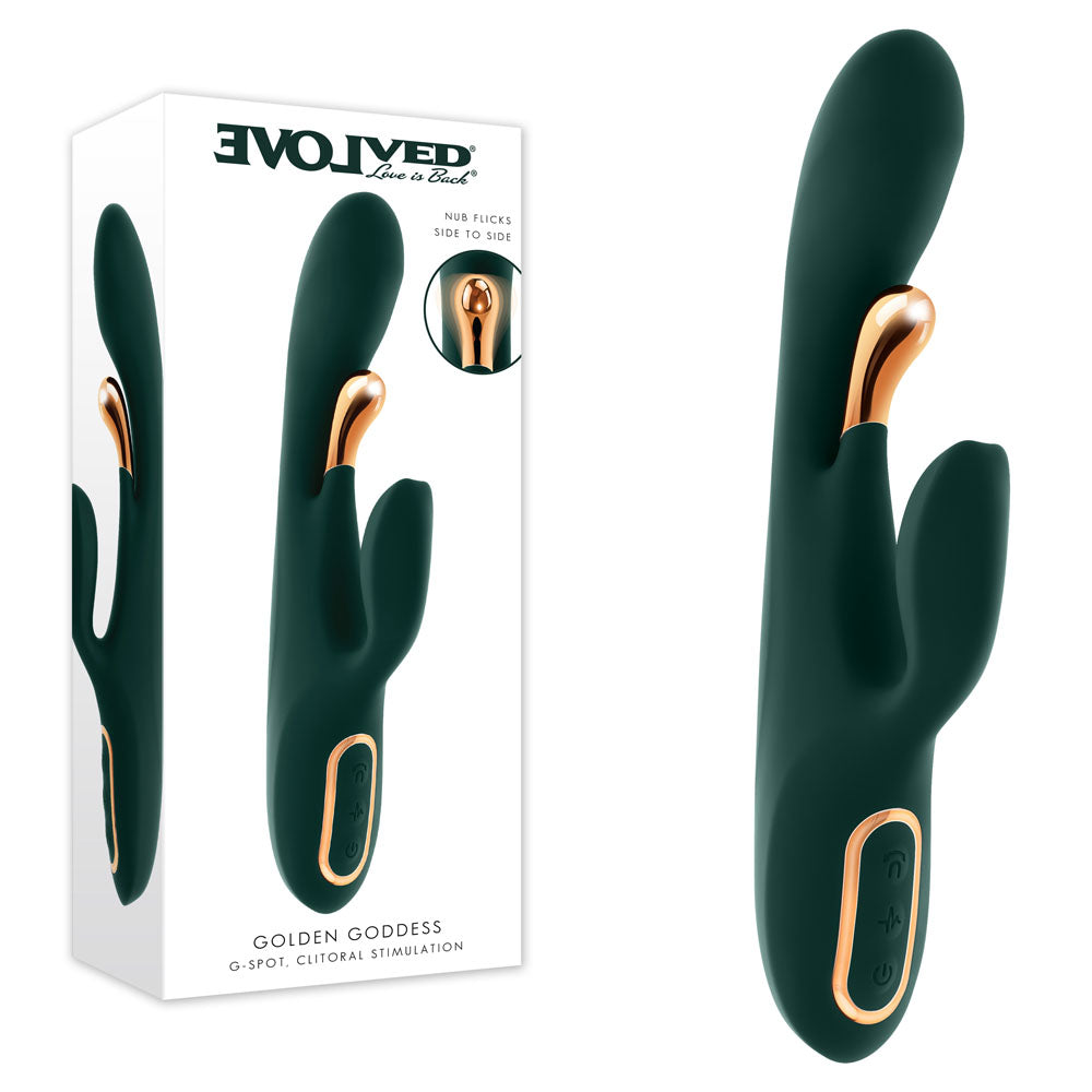 Evolved Golden Goddess green rabbit vibrator with rose-gold flicker