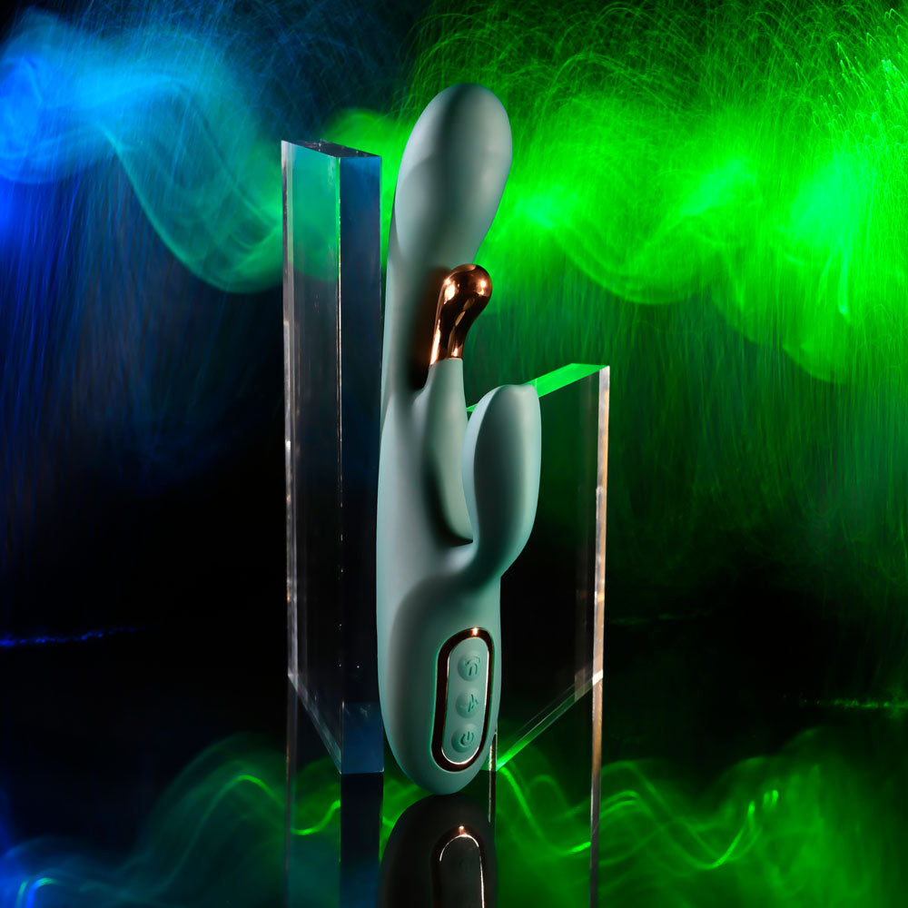 Evolved Golden Goddess green rabbit vibrator with rose-gold flicker — product image 2