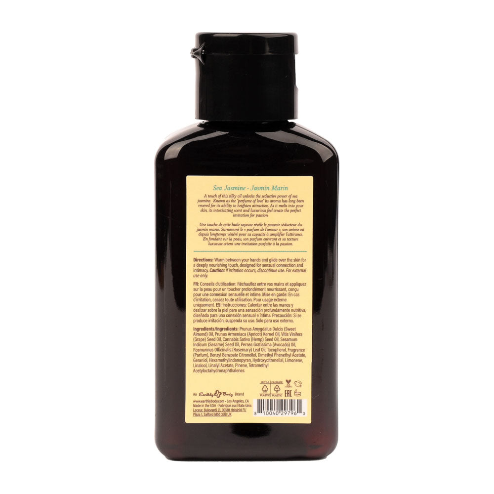 Back label of Earthly Body at Night Sea Jasmine Massage Oil 60ml showing ingredients and directions
