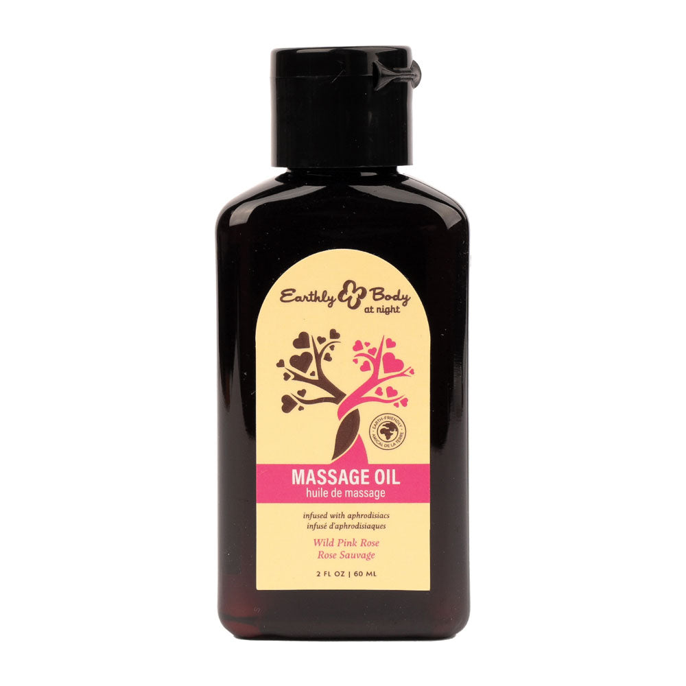 Earthly Body at Night Wild Pink Rose Massage Oil 60ml bottle with pink and cream front label