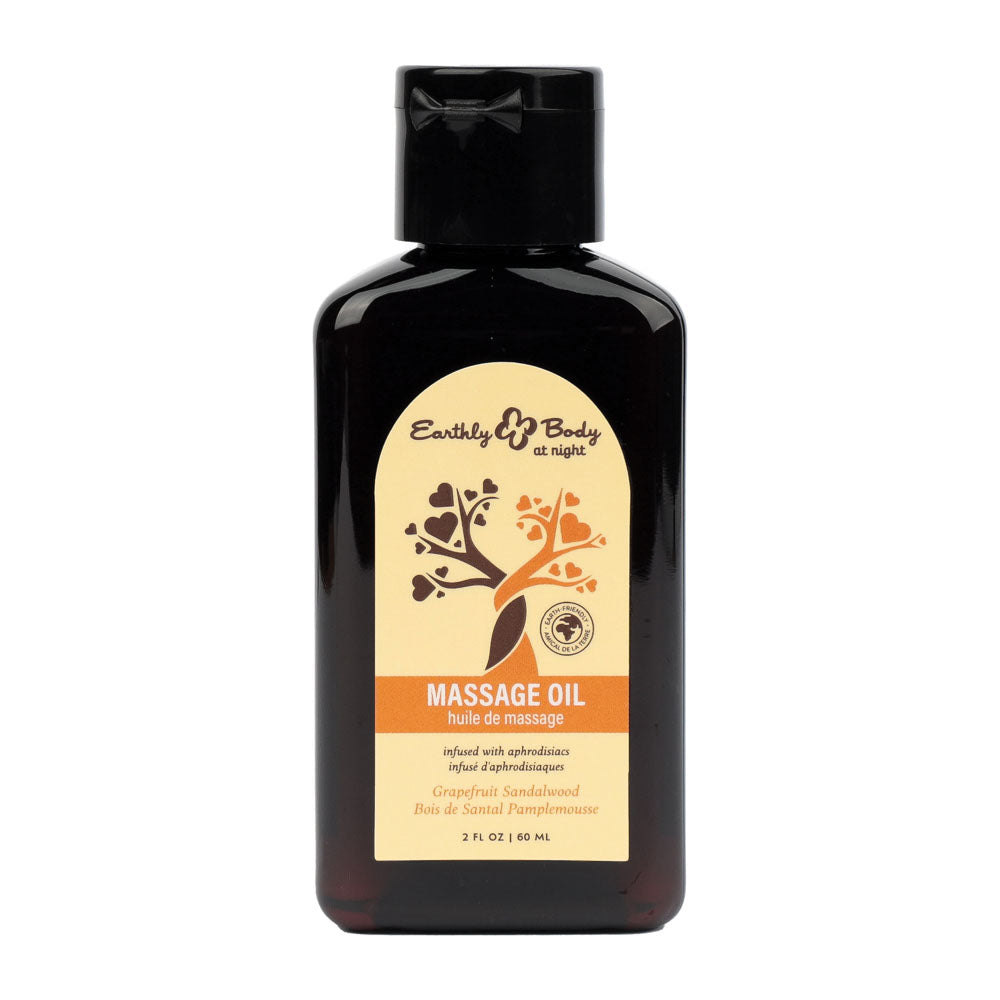 Earthly Body at Night Grapefruit Sandalwood Massage Oil 60ml bottle with orange and cream label