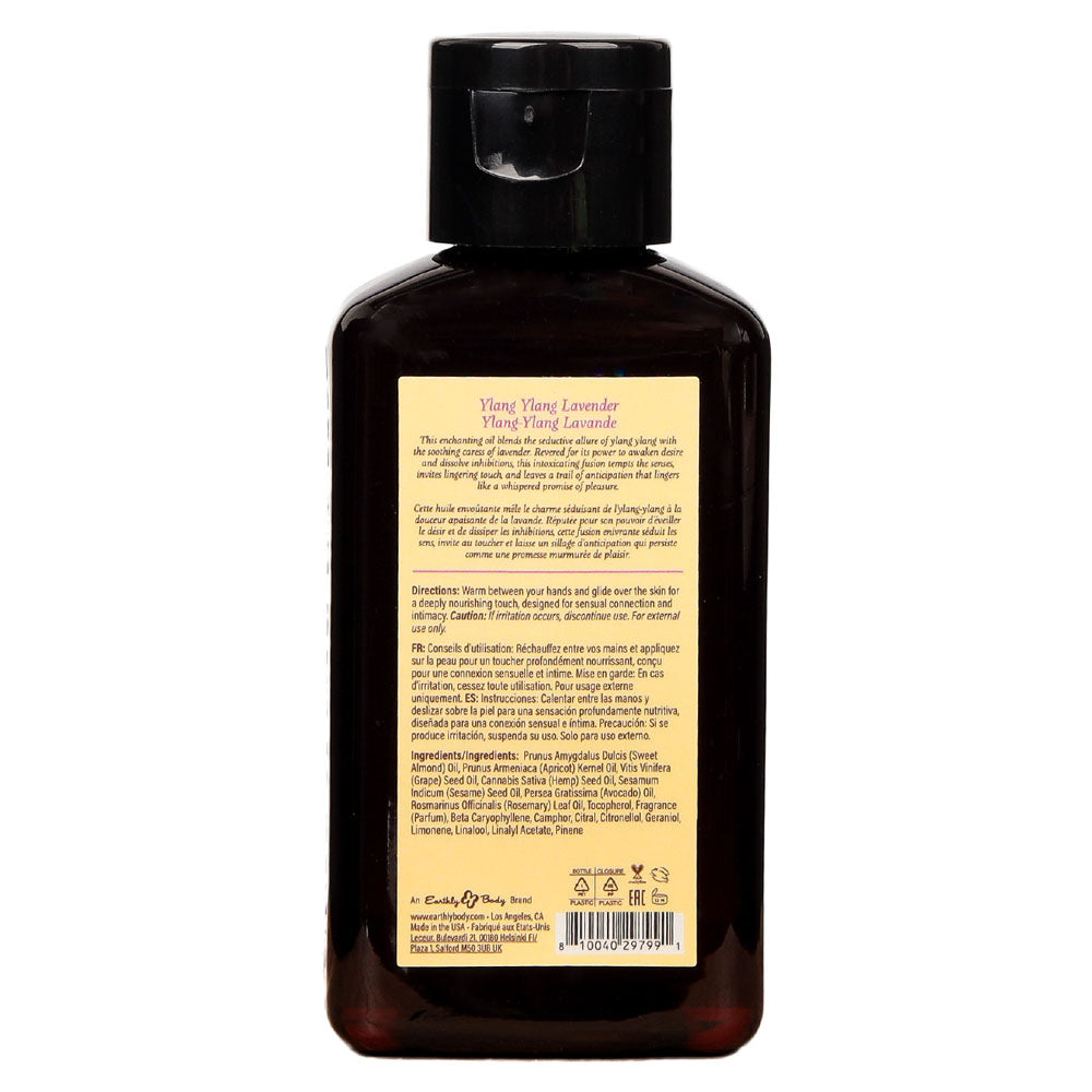 Back label of the 60ml Earthly Body Ylang Ylang and Lavender Massage Oil bottle