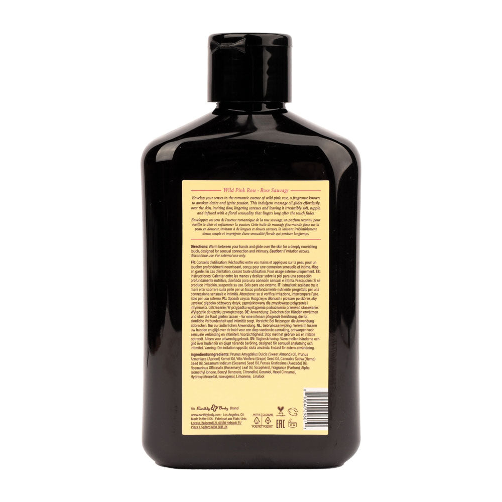 Back label of the Earthly Body at Night Wild Pink Rose Massage Oil 250ml bottle