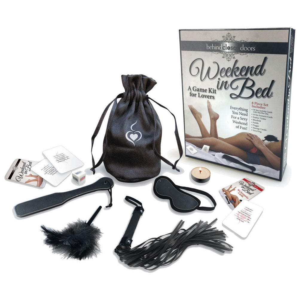 Behind Closed Doors Weekend in Bed couples game kit with two card games, die, accessories and satin bag