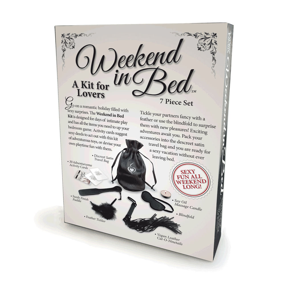 Rear of the Behind Closed Doors Weekend in Bed box showing its play accessories and satin bag