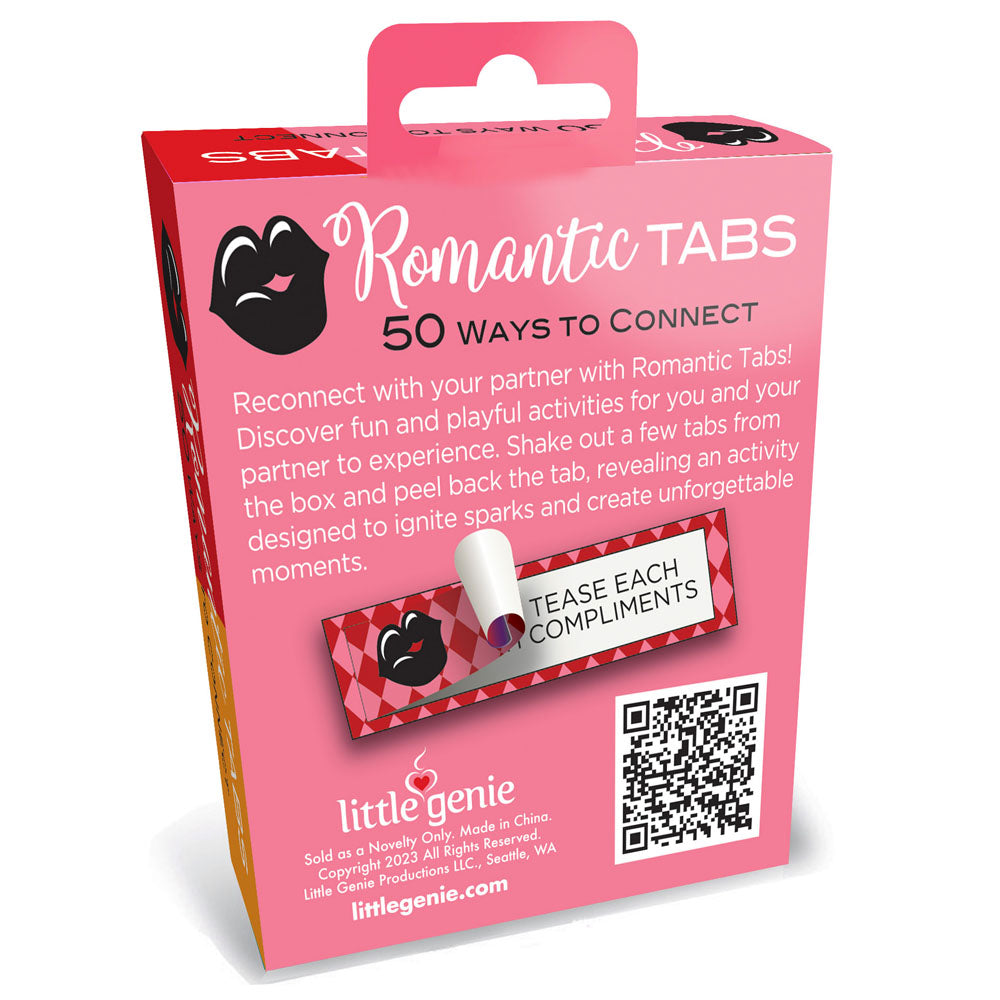 Back of the Romantic Tabs box showing the activity description and a compliment suggestion
