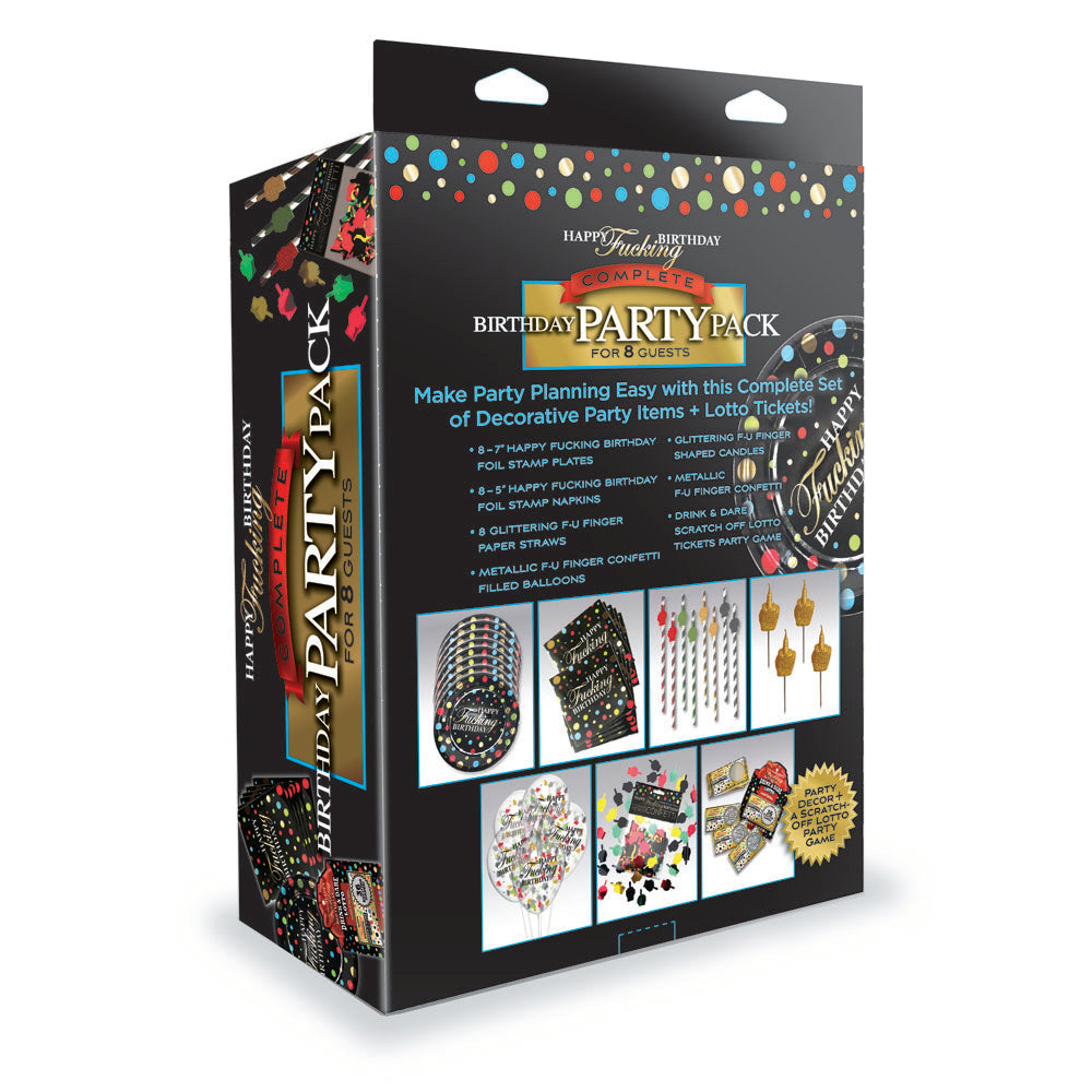 Back of Little Genie Happy F**king Birthday Party Pack showing plates, napkins, straws, balloons, candles, confetti and game