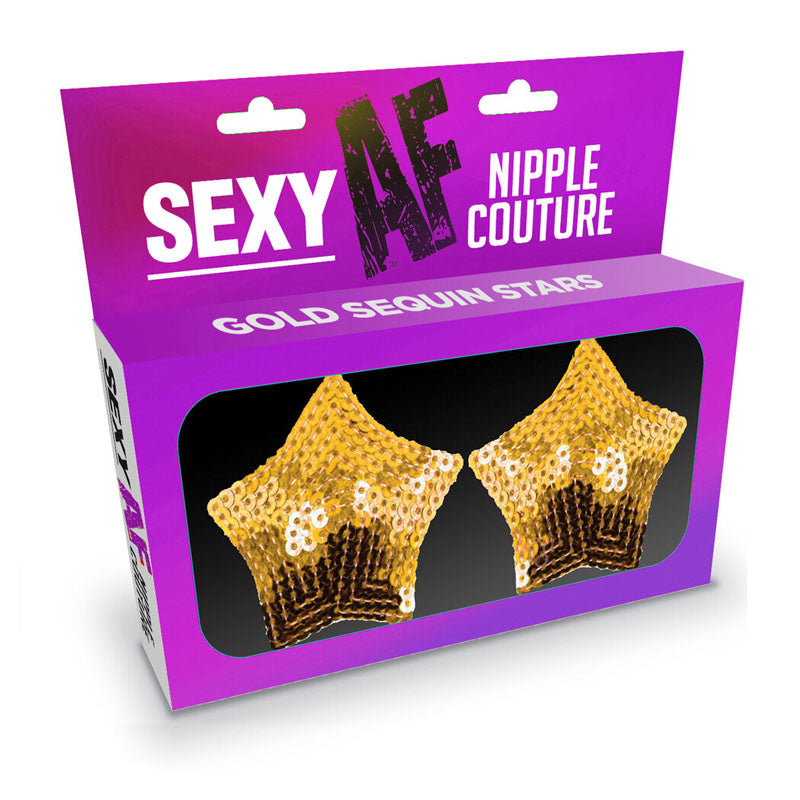 Sexy AF Nipple Couture Gold Stars window-front box showing a pair of gold sequin five-point nipple pasties