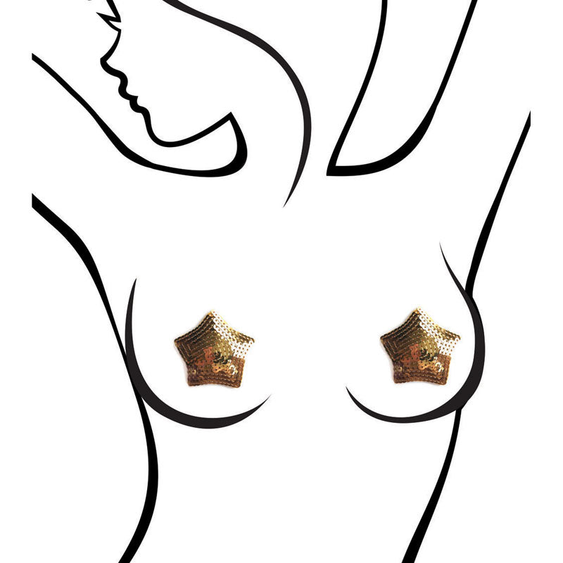 Illustrated styling view of the matching Sexy AF Gold Stars sequin nipple pasties
