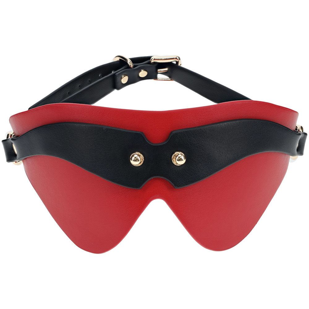 Ouch Milan black and red bonded leather blindfold with iridescent hardware