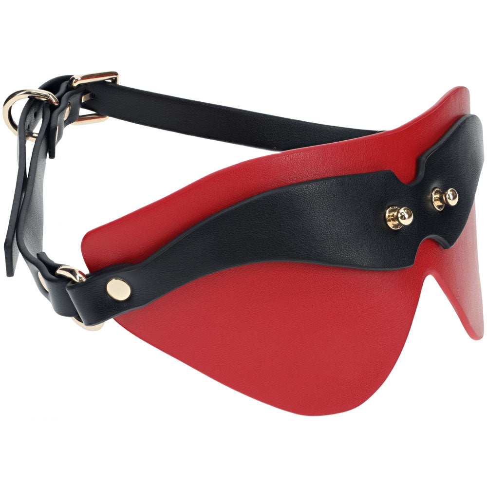 Ouch Milan black and red bonded leather blindfold with iridescent hardware