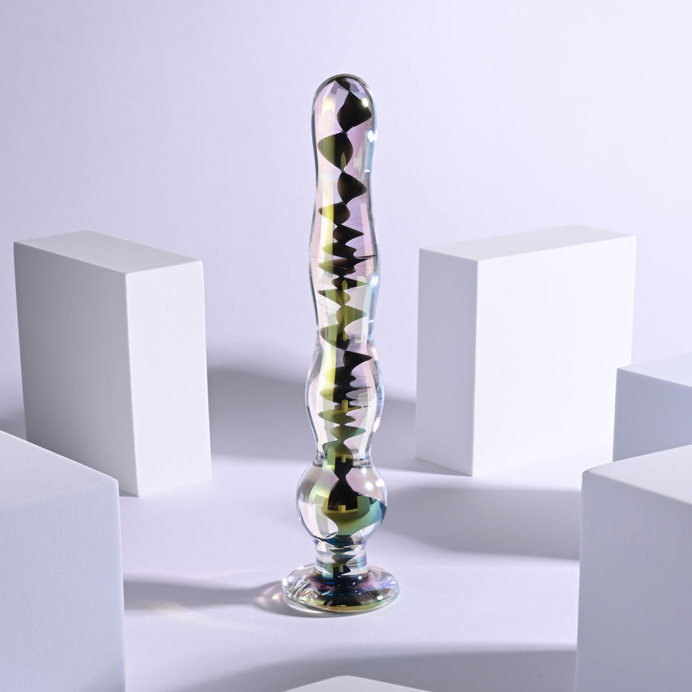 Playboy Jewels Wand beaded glass dildo standing on display blocks