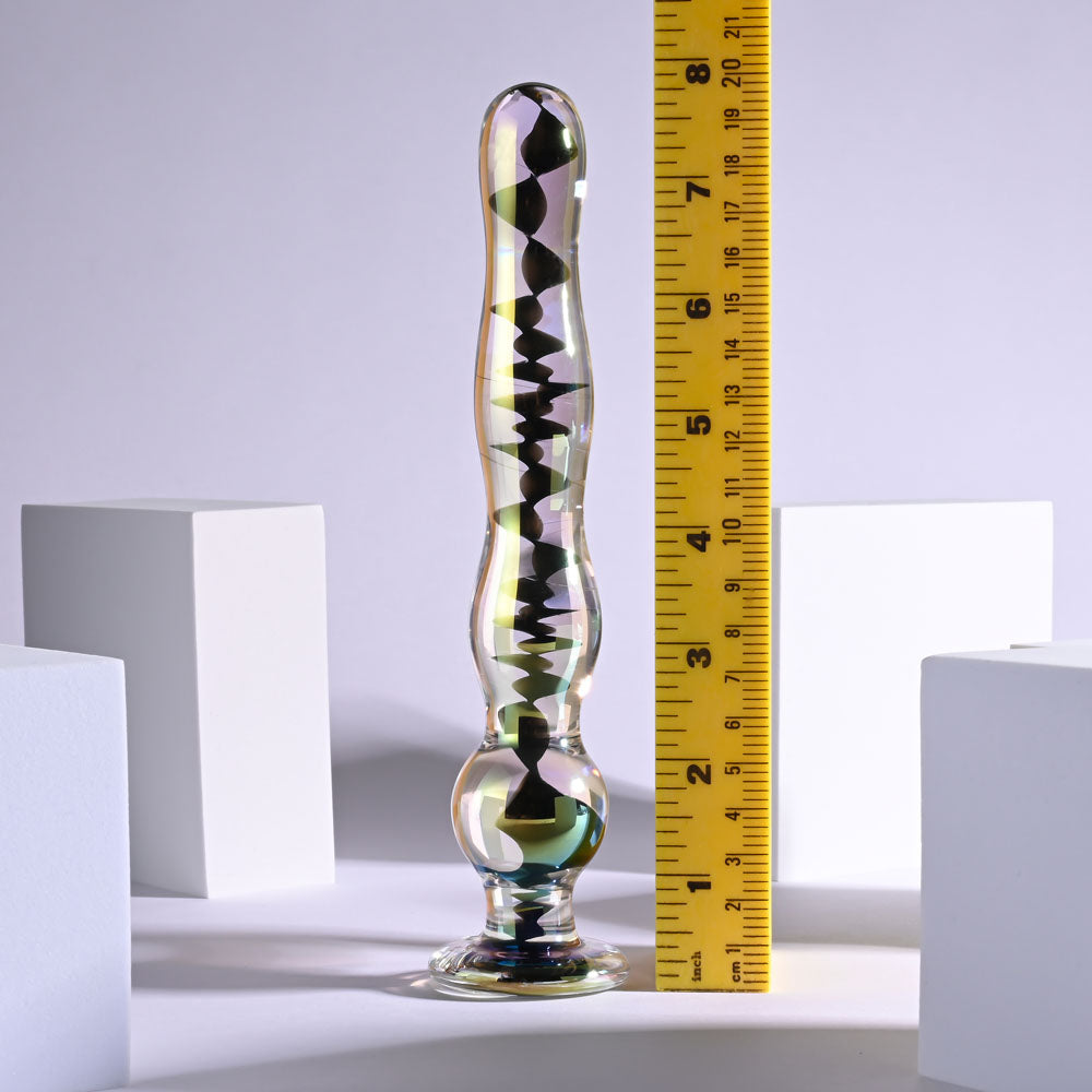 Playboy Jewels Wand glass dildo beside a ruler for scale
