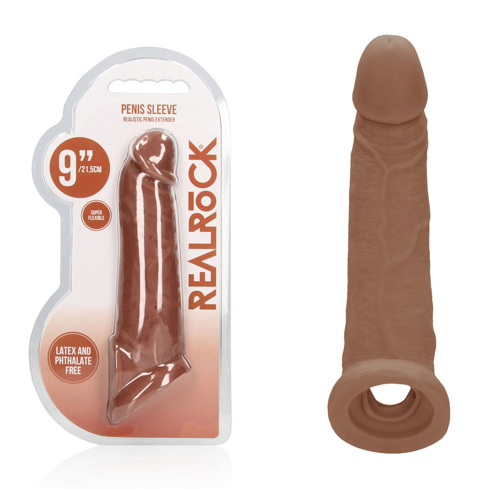 RealRock realistic penis extension sleeve with ringed opening in medium tone — product detail