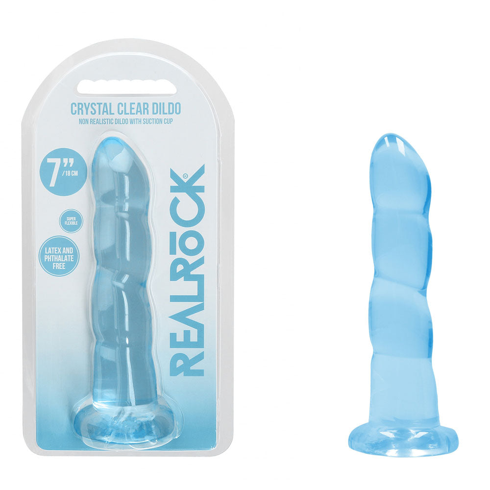 RealRock Crystal Clear 18cm contoured suction cup dildo in blue — product and retail packaging