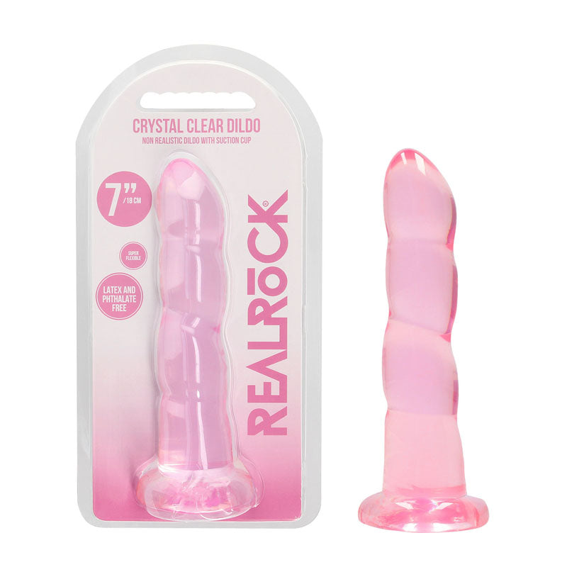 RealRock Crystal Clear 18cm contoured suction cup dildo in pink — product and retail packaging