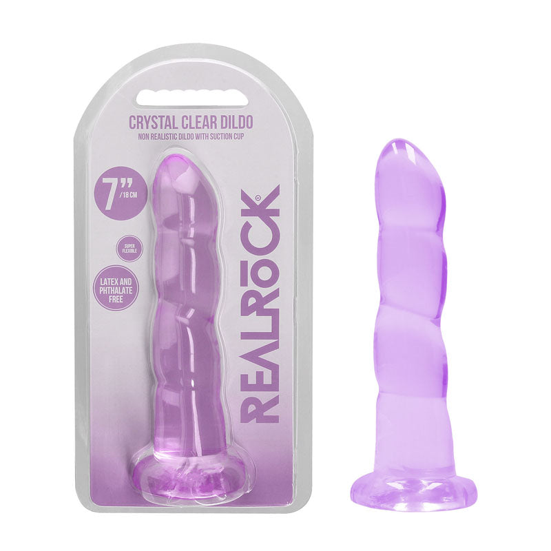 RealRock Crystal Clear 18cm contoured suction cup dildo in purple — product and retail packaging