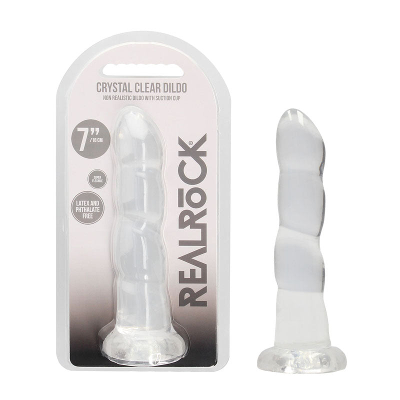 RealRock Crystal Clear 18cm contoured suction cup dildo in clear — product and retail packaging