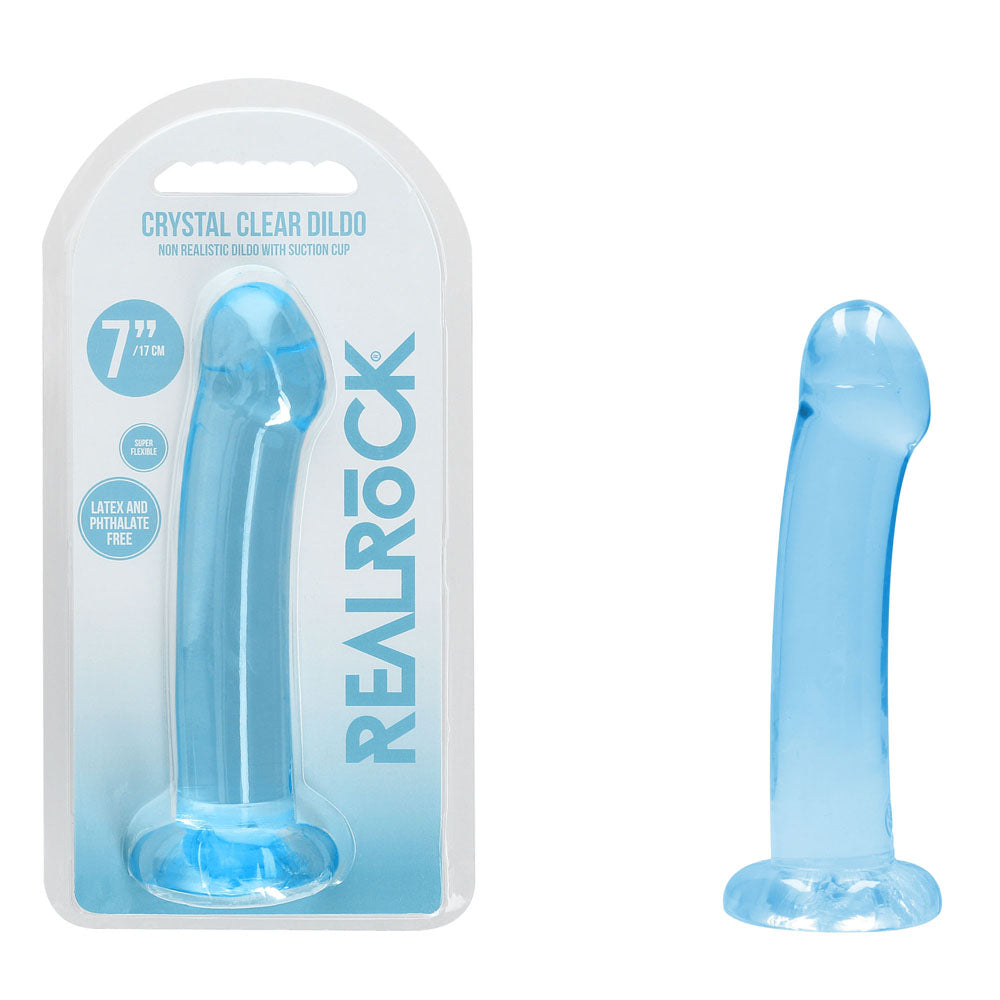 RealRock Crystal Clear 17cm (6.69 inches) smooth suction cup dildo – Blue, with packaging