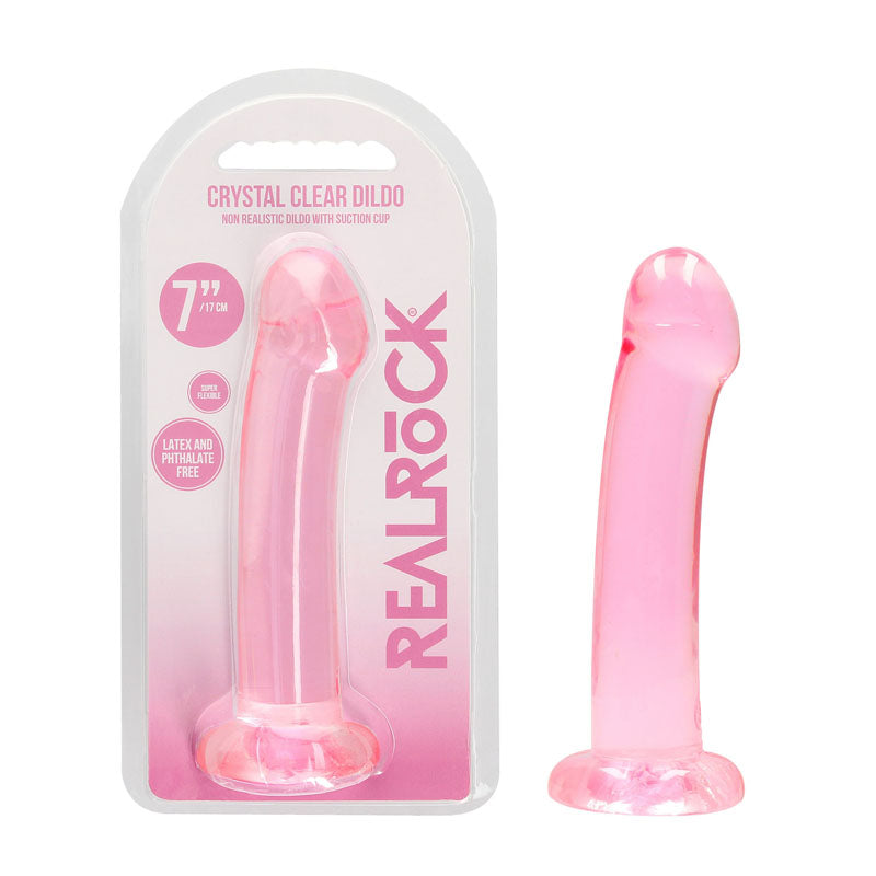 RealRock Crystal Clear 17cm (6.69 inches) smooth suction cup dildo – Pink, with packaging
