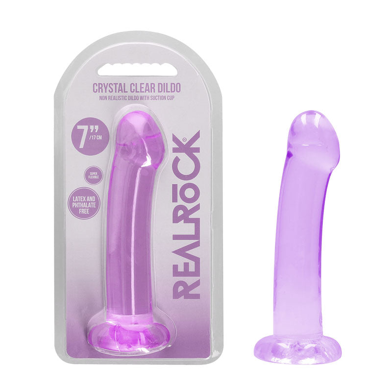 RealRock Crystal Clear 17cm (6.69 inches) smooth suction cup dildo – Purple, with packaging