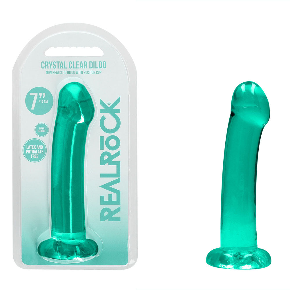RealRock Crystal Clear 17cm (6.69 inches) smooth suction cup dildo – Turquoise, with packaging