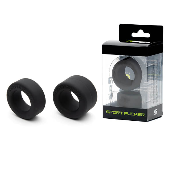 Sport Fucker Nutt Job set showing two black silicone rings with different band widths beside the retail packaging