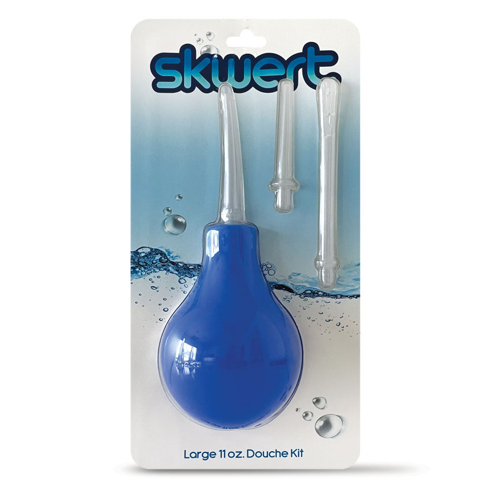 Blue Skwert douche kit with bulb and three wands in retail packaging