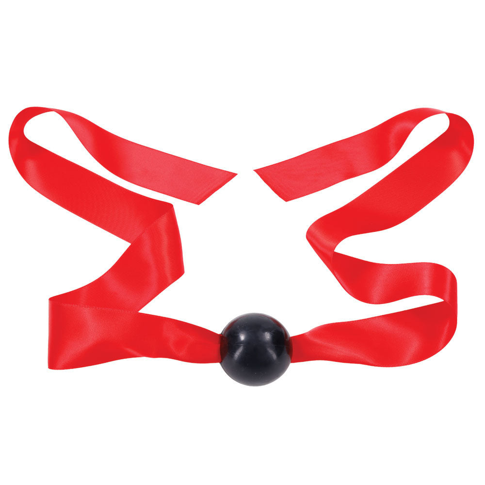 Amor satin ball gag with red ribbon and black TPE ball, product detail