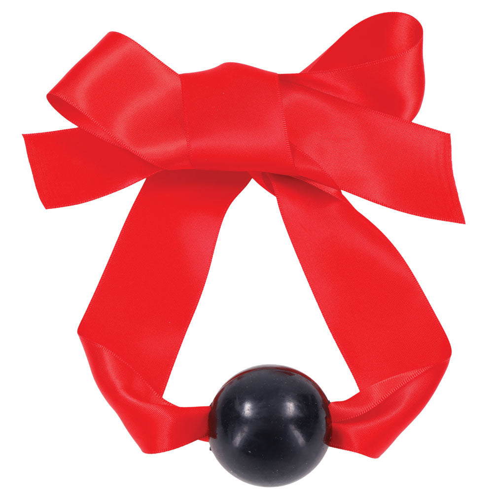 Amor satin ball gag with red ribbon and black TPE ball, product detail