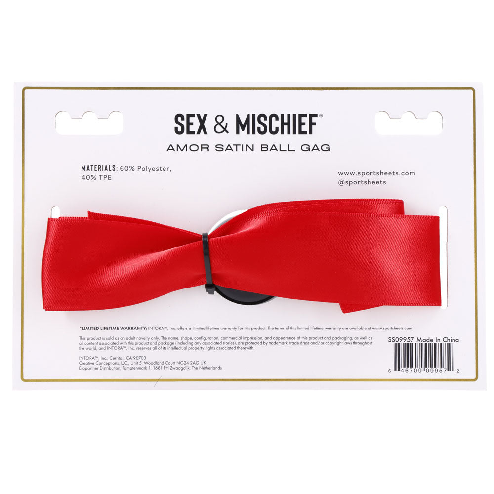 Amor satin ball gag with red ribbon and black TPE ball, product detail
