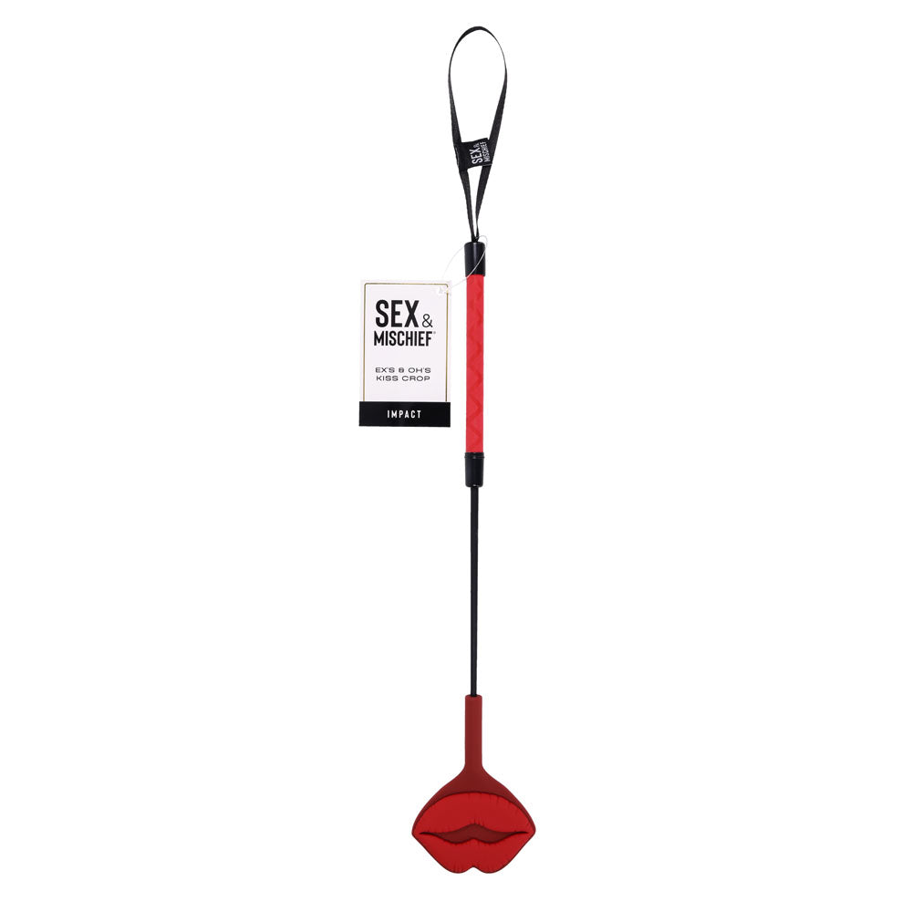 Sex & Mischief Ex’s & Oh’s Kiss Crop with red silicone lip-shaped tip and wrist loop — product detail