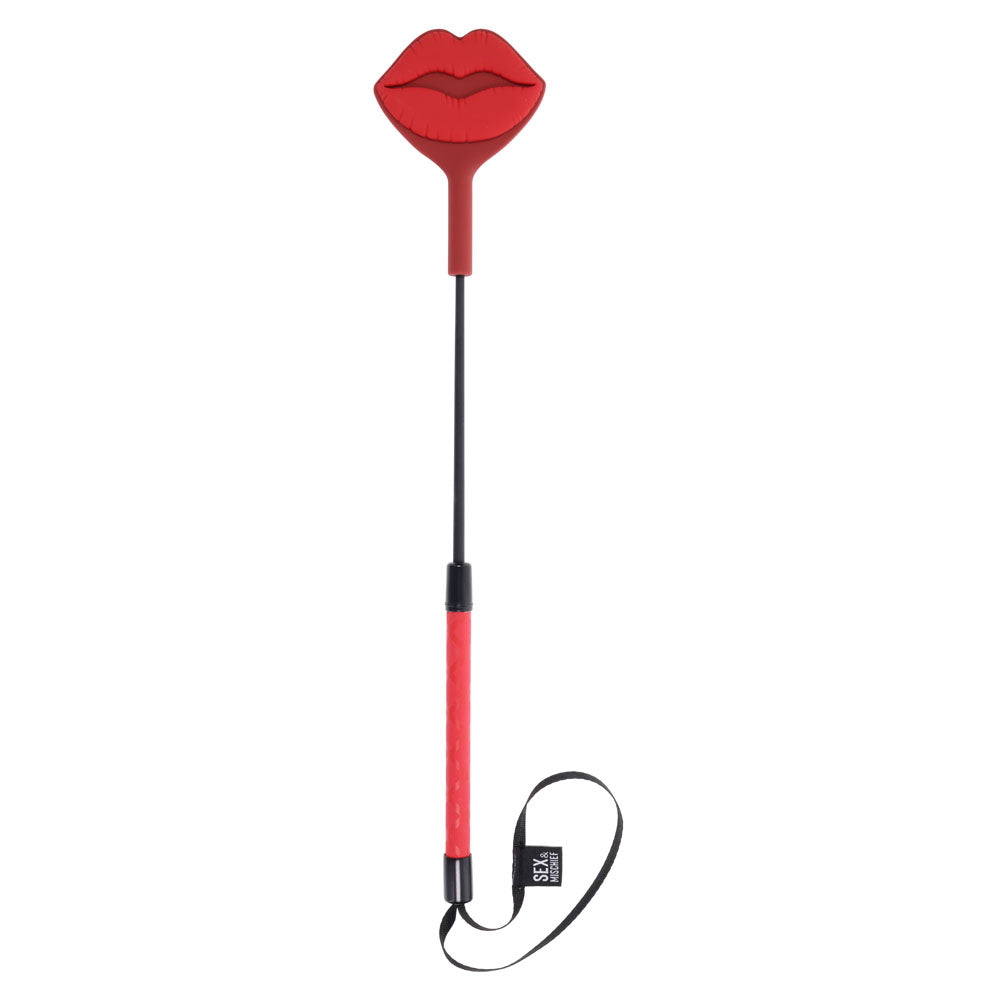 Sex & Mischief Ex’s & Oh’s Kiss Crop with red silicone lip-shaped tip and wrist loop — product detail