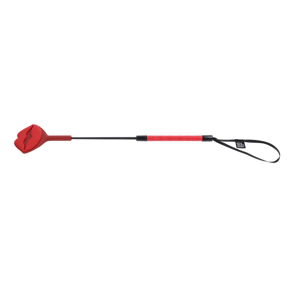 Sex & Mischief Ex’s & Oh’s Kiss Crop with red silicone lip-shaped tip and wrist loop — product detail