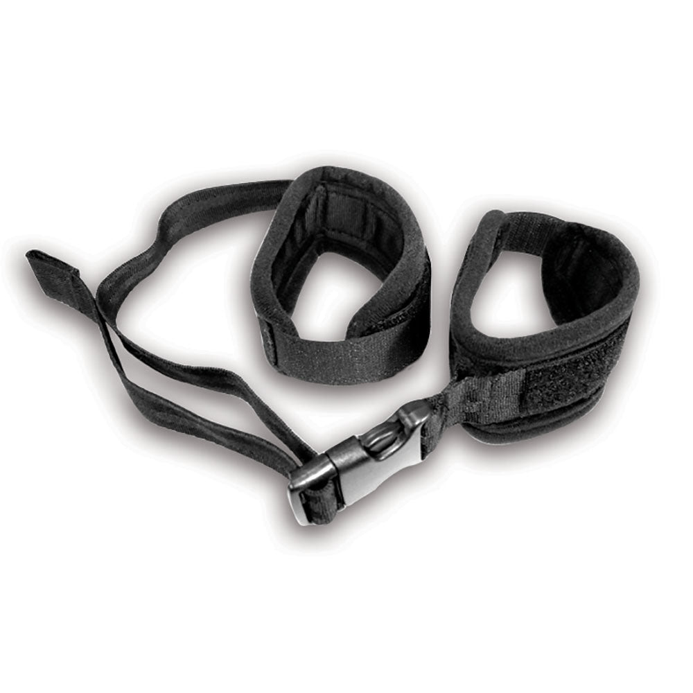Sex & Mischief black adjustable fabric handcuffs with soft lining and linking strap — product detail