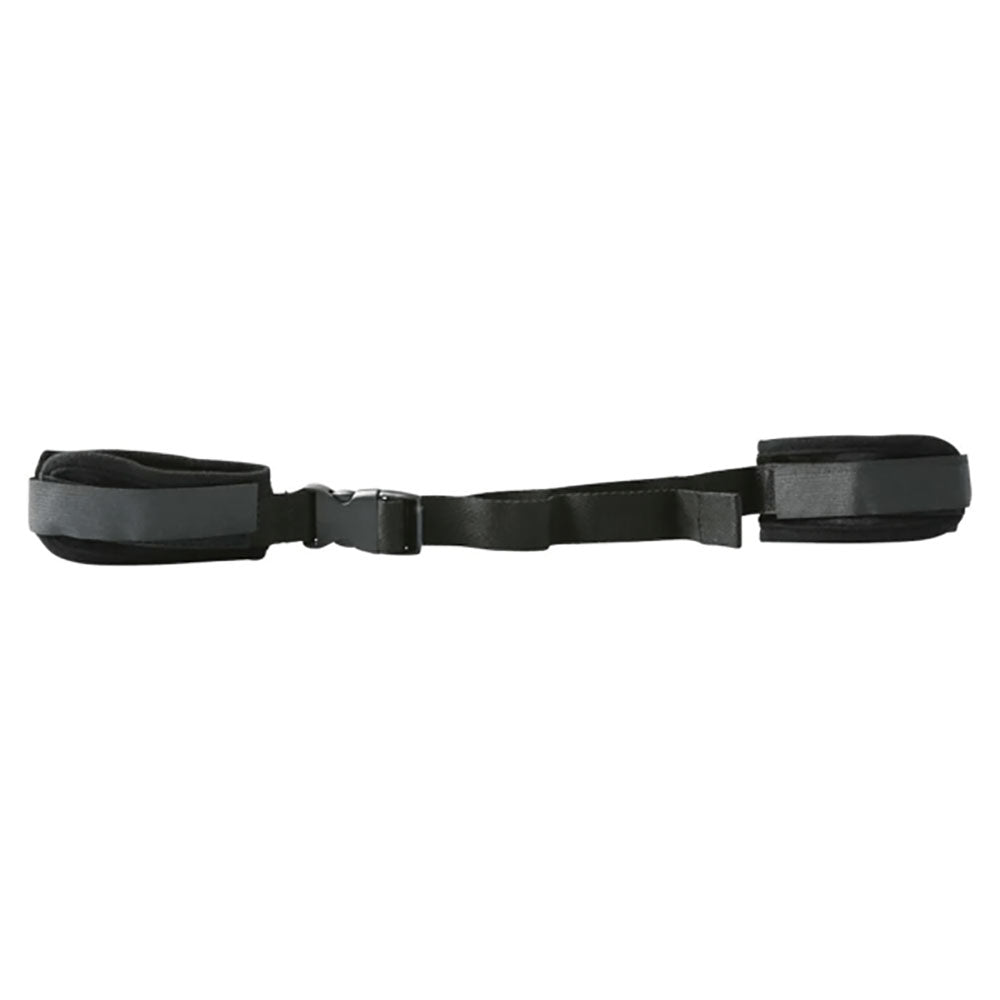 Sex & Mischief black adjustable fabric handcuffs with soft lining and linking strap — product detail