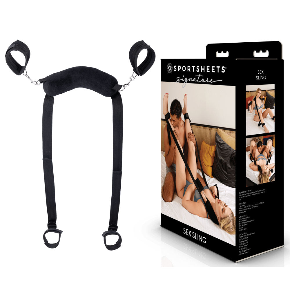Sportsheets Signature Sex Sling with plush support pillow, adjustable ankle straps, two detachable cuffs and packaging